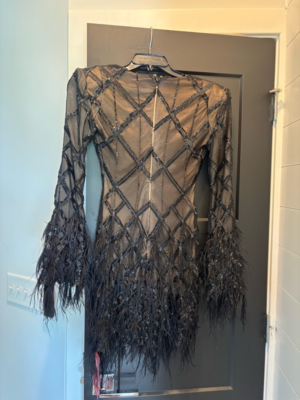 Fashion Nova Luxe Amber Deep V Embellished Feather Trim Mini Dress Black Small - Picture 8 of 11